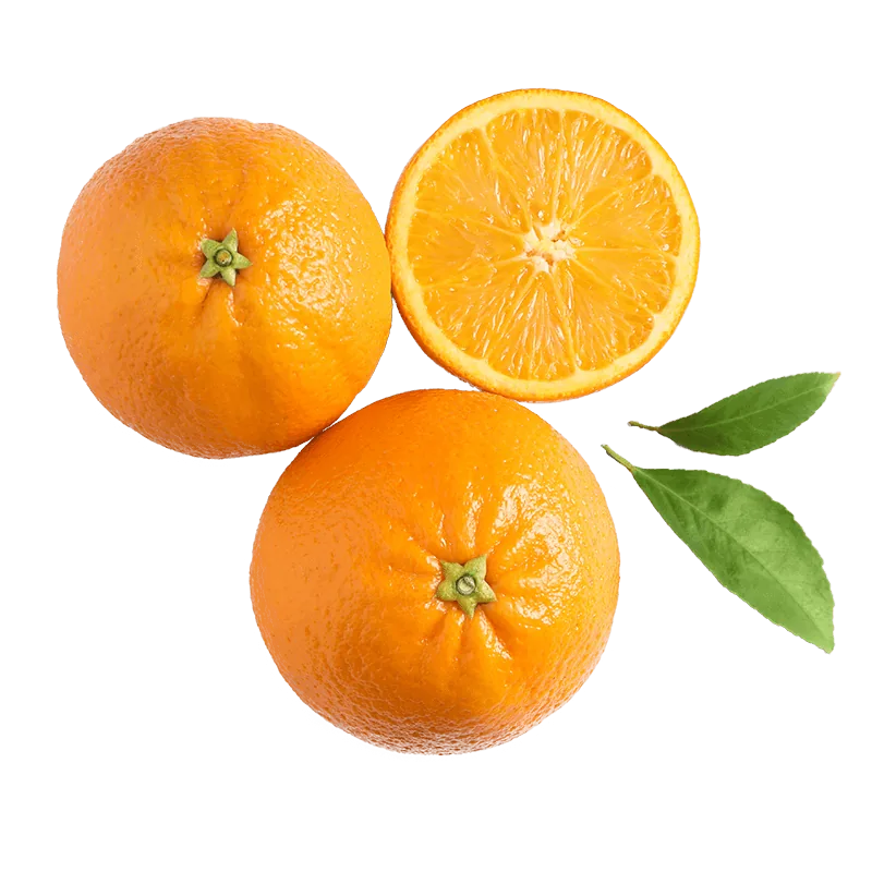 Whole and halved fresh oranges
