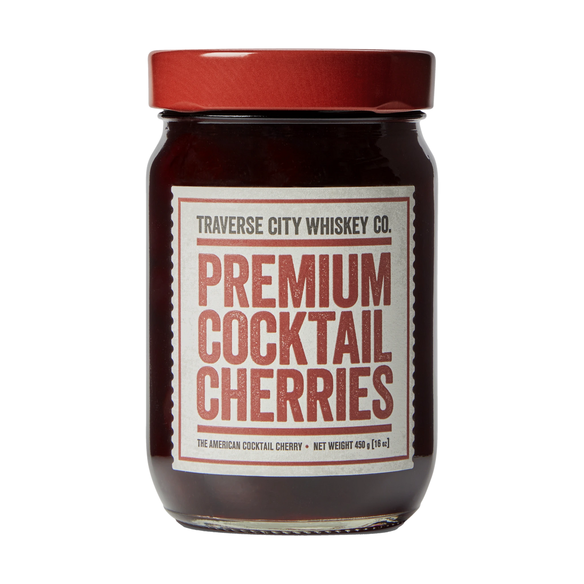 Traverse City Whiskey Co. Premium Cocktail Cherries 450 g jar with red lid